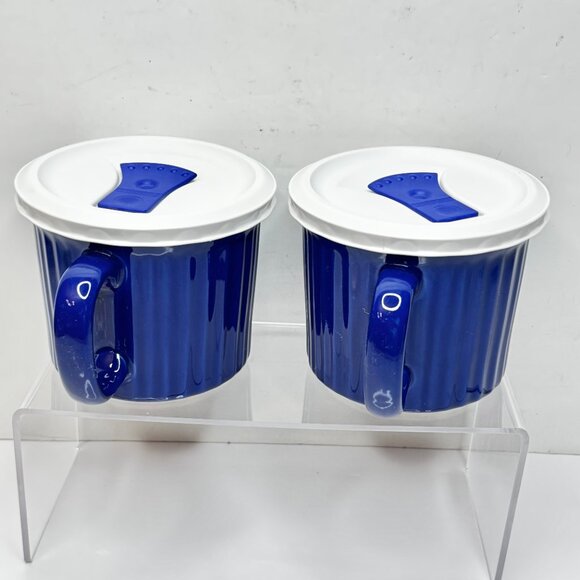 Corningware (2) Pop-ins 20 oz Soup Mug Blue Vented Plastic Cover - Picture 4 of 11